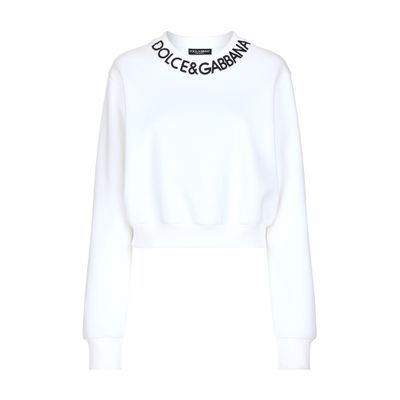 Dolce & Gabbana Cropped Jersey Sweatshirt With Logo Embroidery On Neck In White
