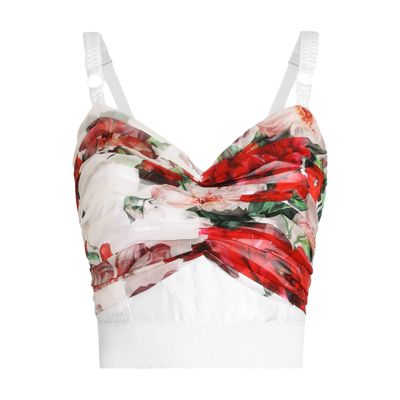 Dolce & Gabbana Bustier Top In Marquisette And Chiffon With Rose Print In Multicolor