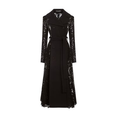 Dolce & Gabbana Lace-insert Tie-waist Trench Coat In Black