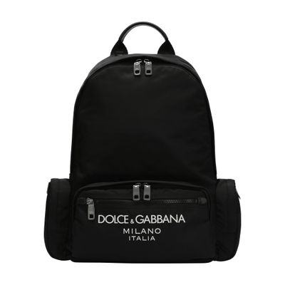 Dolce & Gabbana Nylon Backpack With Rubberized Logo In Black Black