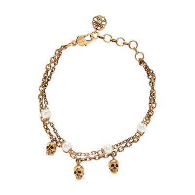 Alexander Mcqueen Pearl Skull Chain Bracelet In Antique Gold Pearl