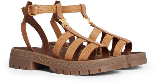 CELINE Sandales gladiateur en cuir de veau embossé crocodile Clea Triomphe