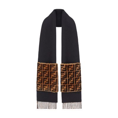 Fendi Shearling-trimmed Wool And Cashmere-blend Scarf In Noir