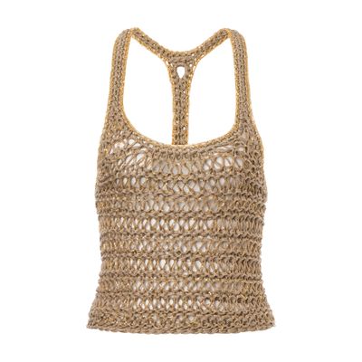 Shop Alberta Ferretti Crop Top In Linen Ribbon And Gold Chain In Beige