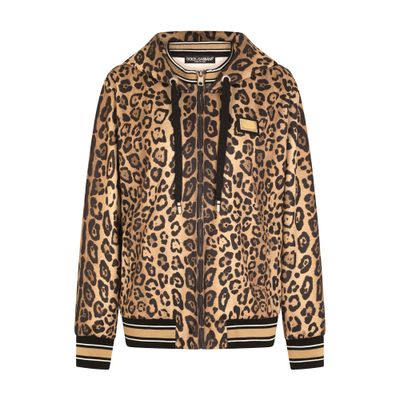 Dolce & Gabbana Zip-up Jersey Hoodie With Leopard Print In Leo Ingrand Marrone