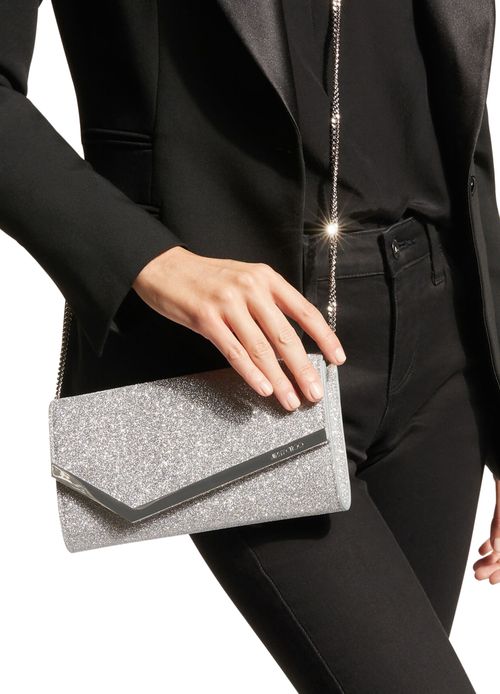 JIMMY CHOO Pochette de soirée en cuir pailleté argenté Emmie