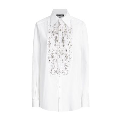 Dolce & Gabbana Cotton Tuxedo Shirt With Rhinestone-embroidered Shirt Front In White