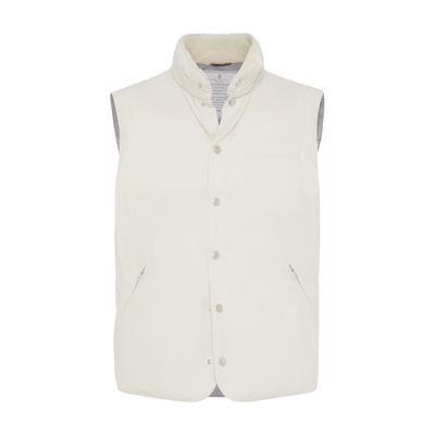 Brunello Cucinelli Techno Cotton Gabardine Down Vest With Shearling Insert In White