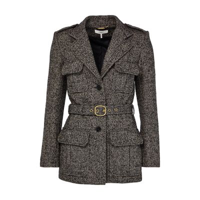 Chloé Belted Herringbone Wool-blend Jacket In Gray