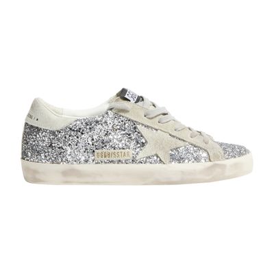 Golden Goose Damen Silber Sneakers Super-Star Aus Glitter Mit Eisgrauem Wildlederstern