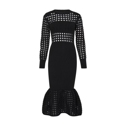 Shop Alexander Mcqueen Knit And Fishnet Midi Dress In Black