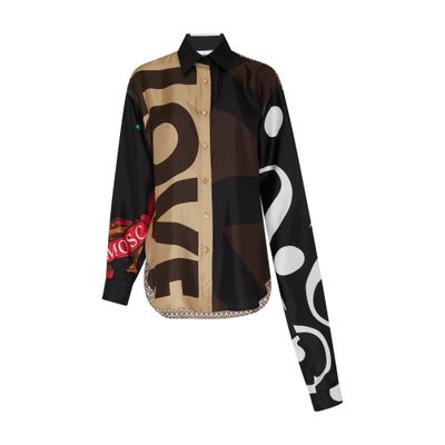 Moschino Multicolor Silk Shirt With Asymmetrical Long Sleeve In Brown