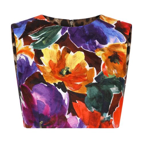 Dolce & Gabbana Brocade Crop Top With Abstract Flower Print In Fiori_astr_f_marrone
