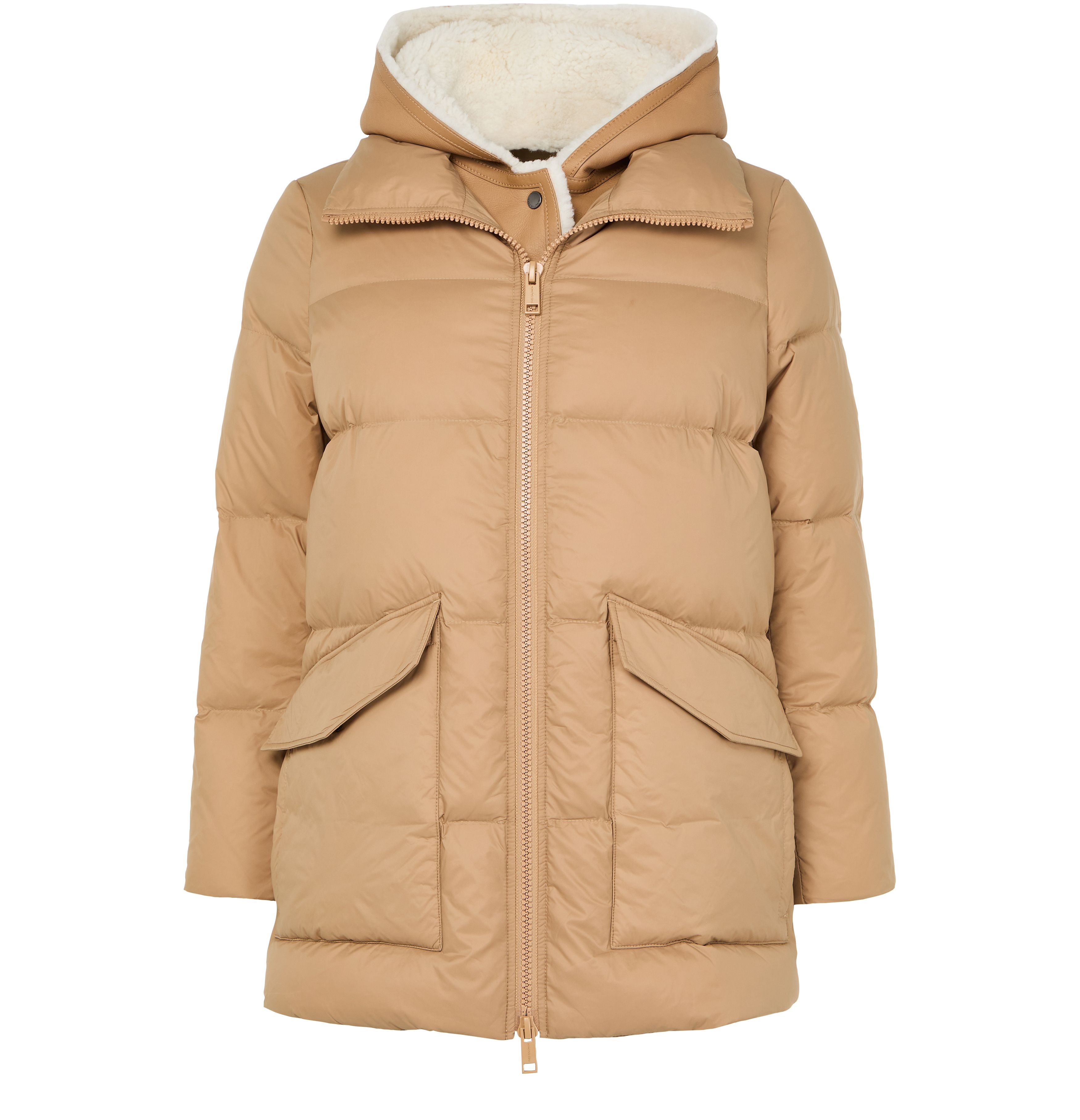 Puffer jacket with a sheepskin hood