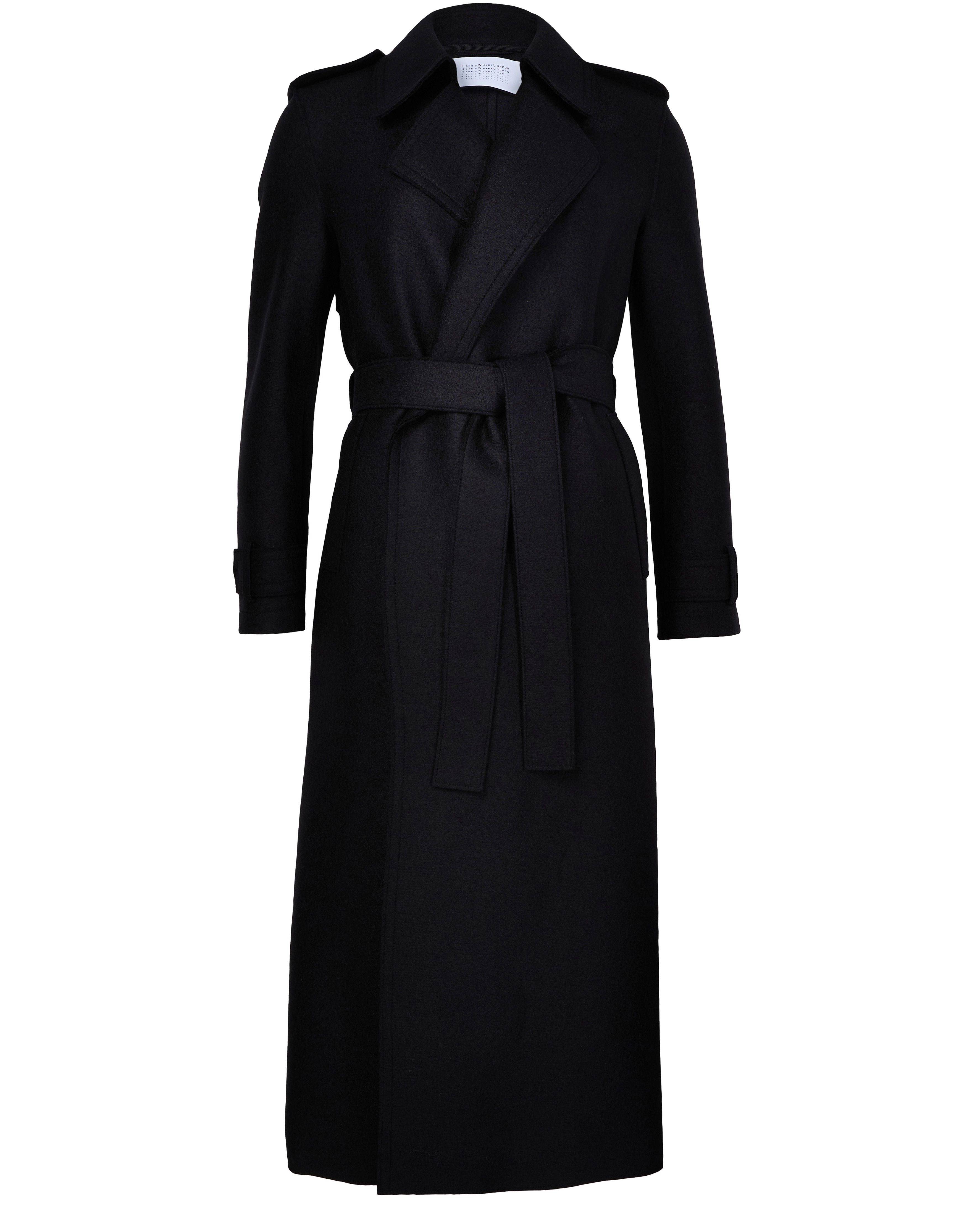 Double-stitched long trench in pressed wool