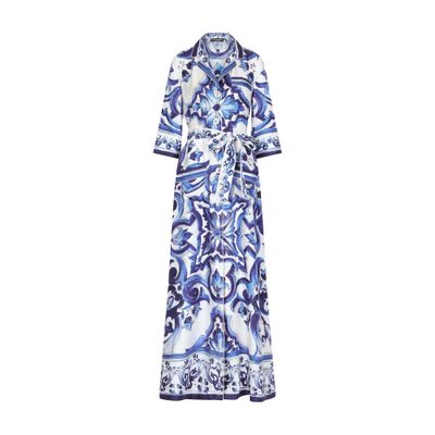 Dolce & Gabbana Foulard-print Belted Silk Twill Long Robe In Tris_maioliche_blu