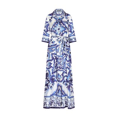 Shop Dolce & Gabbana Long Maiolica Printed Twill Shirt Dress In Tris_maioliche_blu