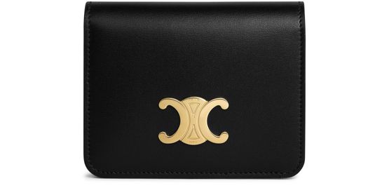 Shop CELINE Triomphe Card holder with flap in shiny calfskin