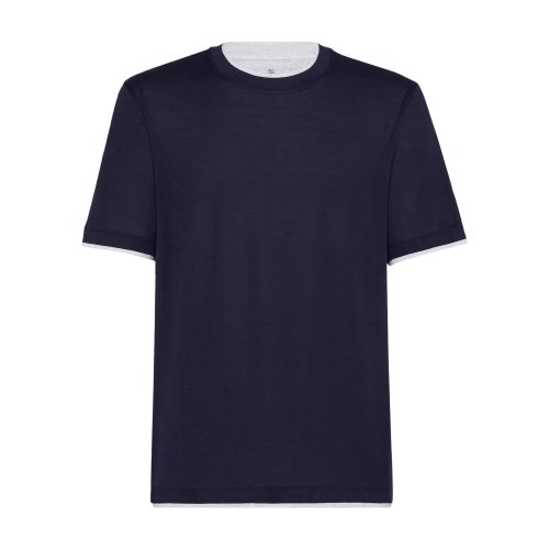 Brunello Cucinelli Men Silk And Cotton Jersey Crew-neck T-shirt With Faux-layering In Cobalt