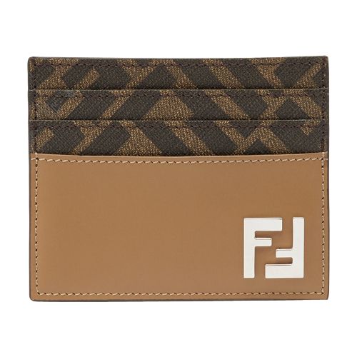 Fendi Squared Leather Card Holder With Ff Fabric Accents In Beige
