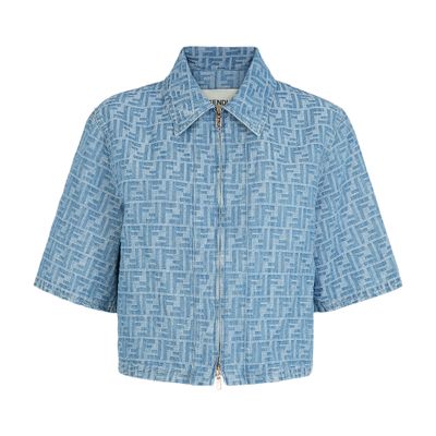 Fendi Women Ff Denim Chambray Cropped Jacket In Blue