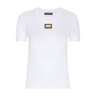 Shop Dolce & Gabbana Jersey T-shirt With Dg Logo Plaque In Optical_white