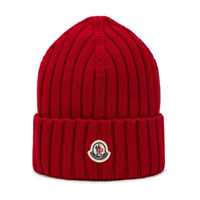Moncler Cable-knit Wool Beanie With Logo In Burgundy In Red
