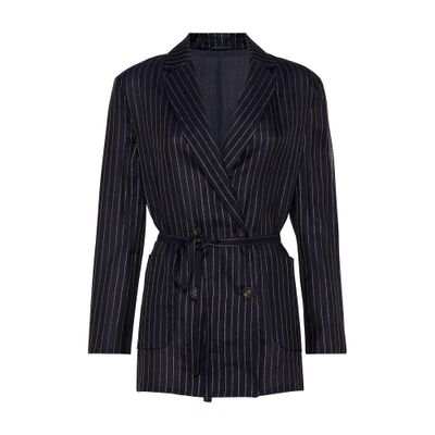 Brunello Cucinelli Metallic Pinstripe Cotton Gauze Belted Double-breasted Blazer Jacket In Blue