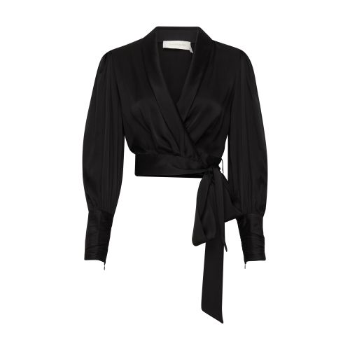 Zimmermann Silk Blouson-sleeve Wrap Top In Black