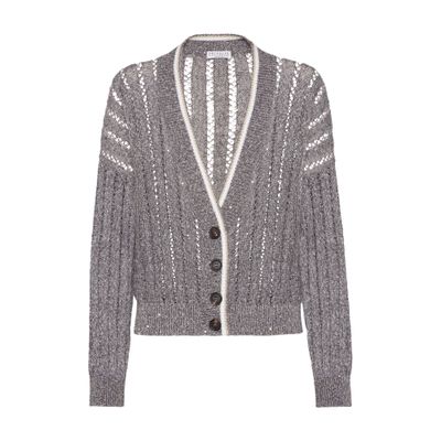 Brunello Cucinelli Dazzling Grey Cardigan With Dropped Shoulders And All-over Sequin Details In Linen Woman In Grey
