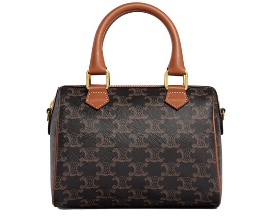 Shop CELINE Triomphe Small boston in triomphe canvas and calfskin