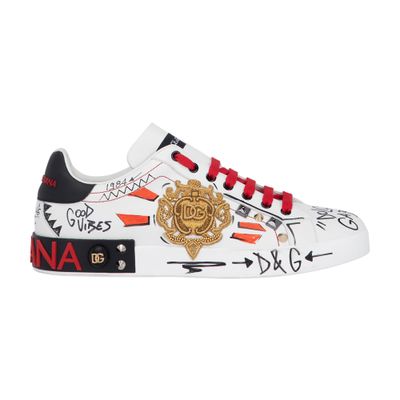 Shop Dolce & Gabbana Calfskin Portofino Sneakers With Embroidery And Studs In Scritte Fdo Bianco