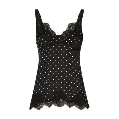 Dolce & Gabbana Silk Lingerie-style Top With Polka-dot Print And Lace Detailing In Black