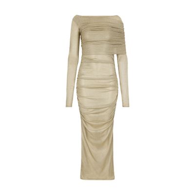Dolce & Gabbana Draped Metallic Mesh-jersey Midi Dress In Gold