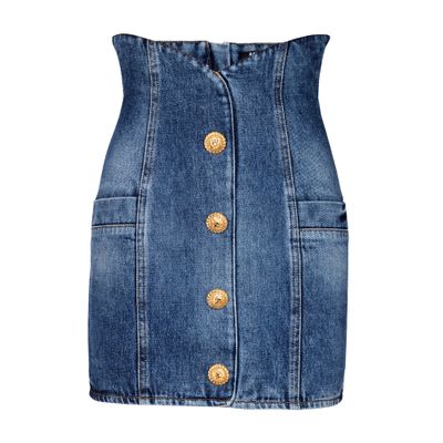 Balmain Cotton Denim Mini Tulip Skirt In Blue