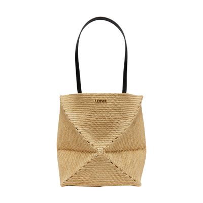 Loewe Puzzle Fold Tote In Raffia In Beige