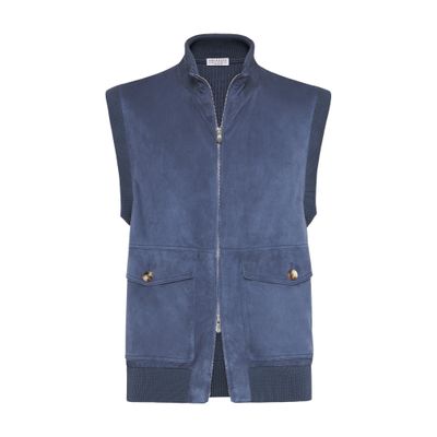 Brunello Cucinelli Suede-cotton Gilet In Blue