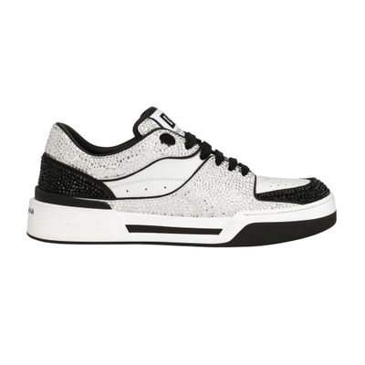 Dolce & Gabbana New Roma Calfskin Leather Sneakers With Thermoset Crystals In White_black