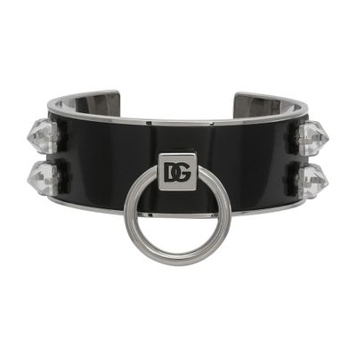 Shop Dolce & Gabbana Leather And Brass Rigid Bracelet In Silver