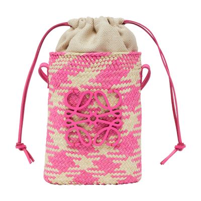 Loewe X Paula's Ibiza Iraca Pocket In Checkered Iraca Palm With Leather Strap In Pink