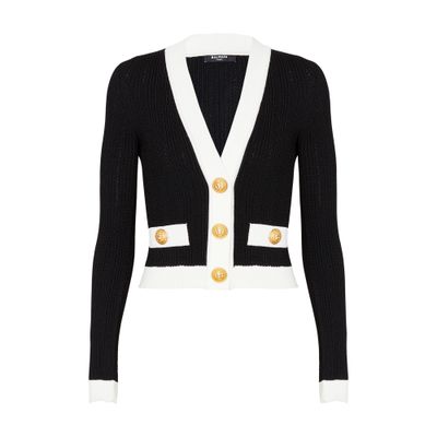 Balmain Contrast-border Ribbed Knit Cardigan In Black