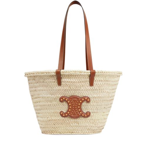 CELINE Medium Triomphe Celine classic panier in palm leaves and calfskin with studs