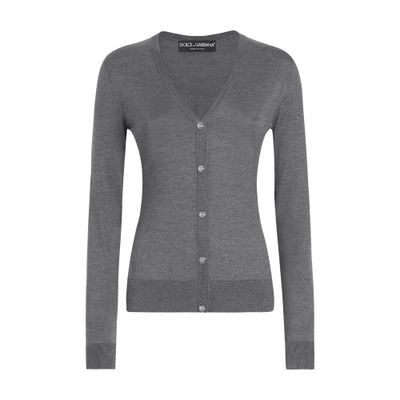 Dolce & Gabbana Silk V-neck Cardigan With Dg Logo Embroidery In Grey