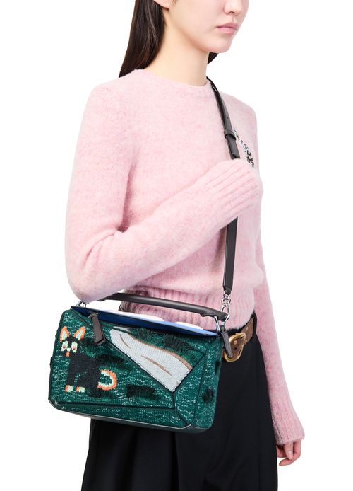 LOEWE Futurist Cat small Puzzle bag in embroidered knit and classic calfskin