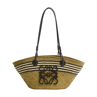 Loewe Anagram Stripes Medium Basket In Iraca Palm And Calfskin In Green
