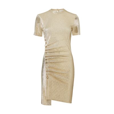 Rabanne Asymmetric Ruched Metallic Crepe Mini Dress In Beige