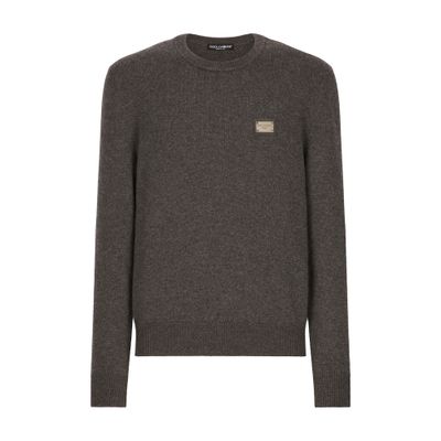 Dolce & Gabbana Wool Round-neck Sweater With Branded Tag In Melange_grey