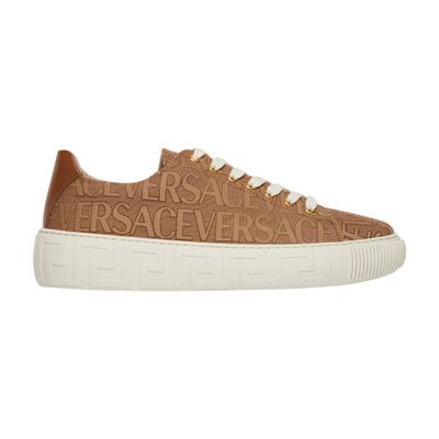 Shop Versace Allover Greca Sneakers In 2n24v_beige_brown__gold