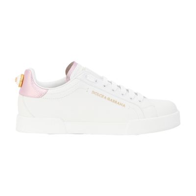 Dolce & Gabbana Calfskin Nappa Portofino Sneakers With Lettering In White Pink