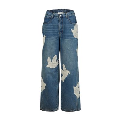 Sea New York Payton Blue Jeans With All-over Crochet Birds In Cotton Blend Woman In Blue